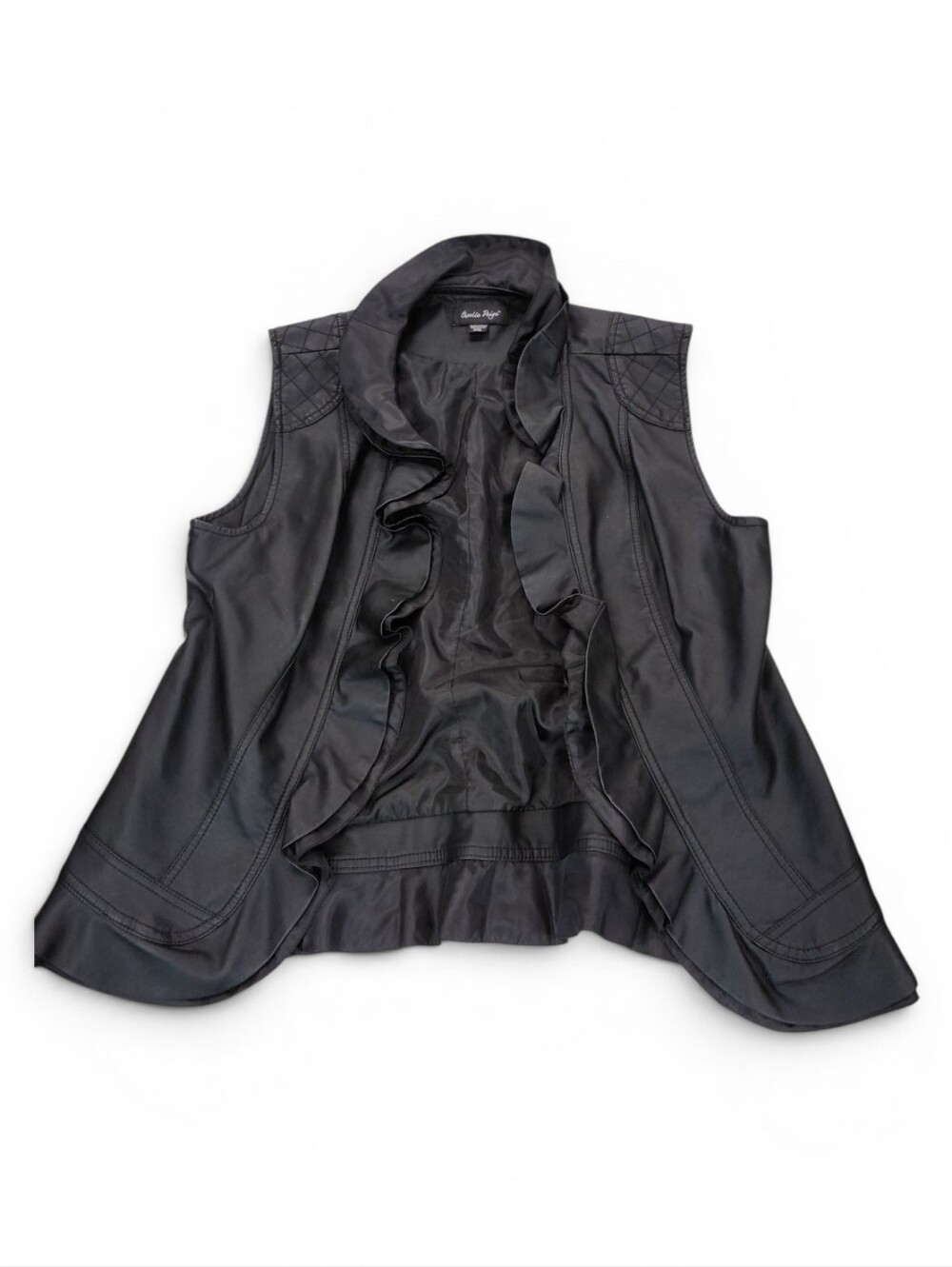 Charlie Paige Black Ruffle Front Open Vest Faux Leather Size Medium